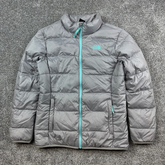 The North Face Andes 550 Puffer Jacket Girl XL Gray Blue Down Fill Full Zip‎ - Picture 1 of 7